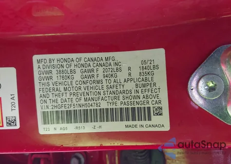 2022 Honda Civic Sport из США, поврежденный, VIN 2HGFE2F51NH504782